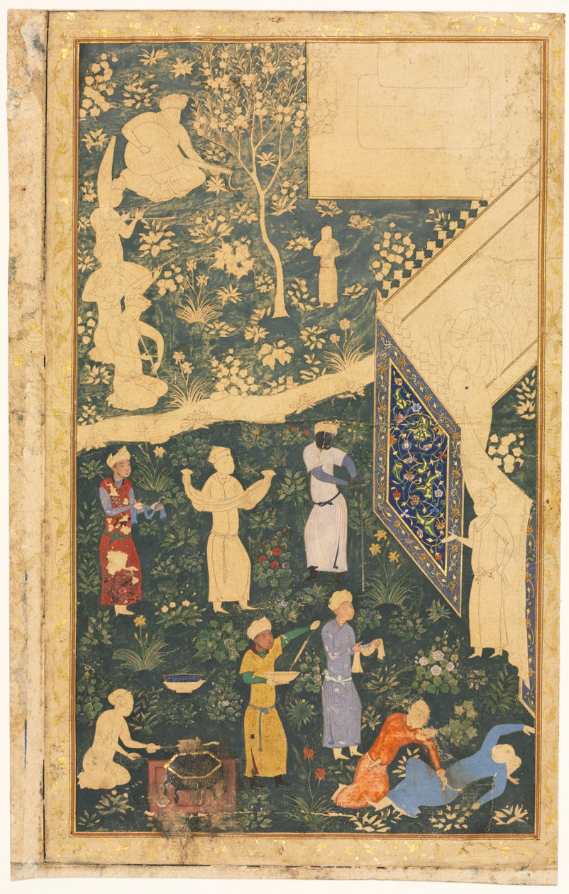 Linkerkant van een dubbelpagina albumfolio: Buiten een koninklijk kampement (recto) door style of Bihzad
