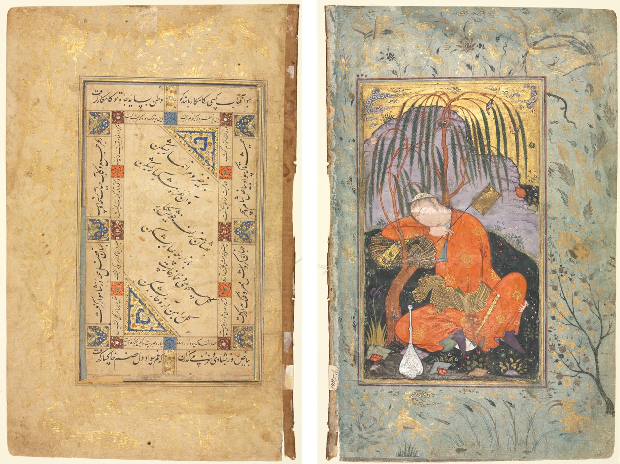 Perzische coupletten (recto); Slapende jongeling (verso) door style of Riza yi Abbasi