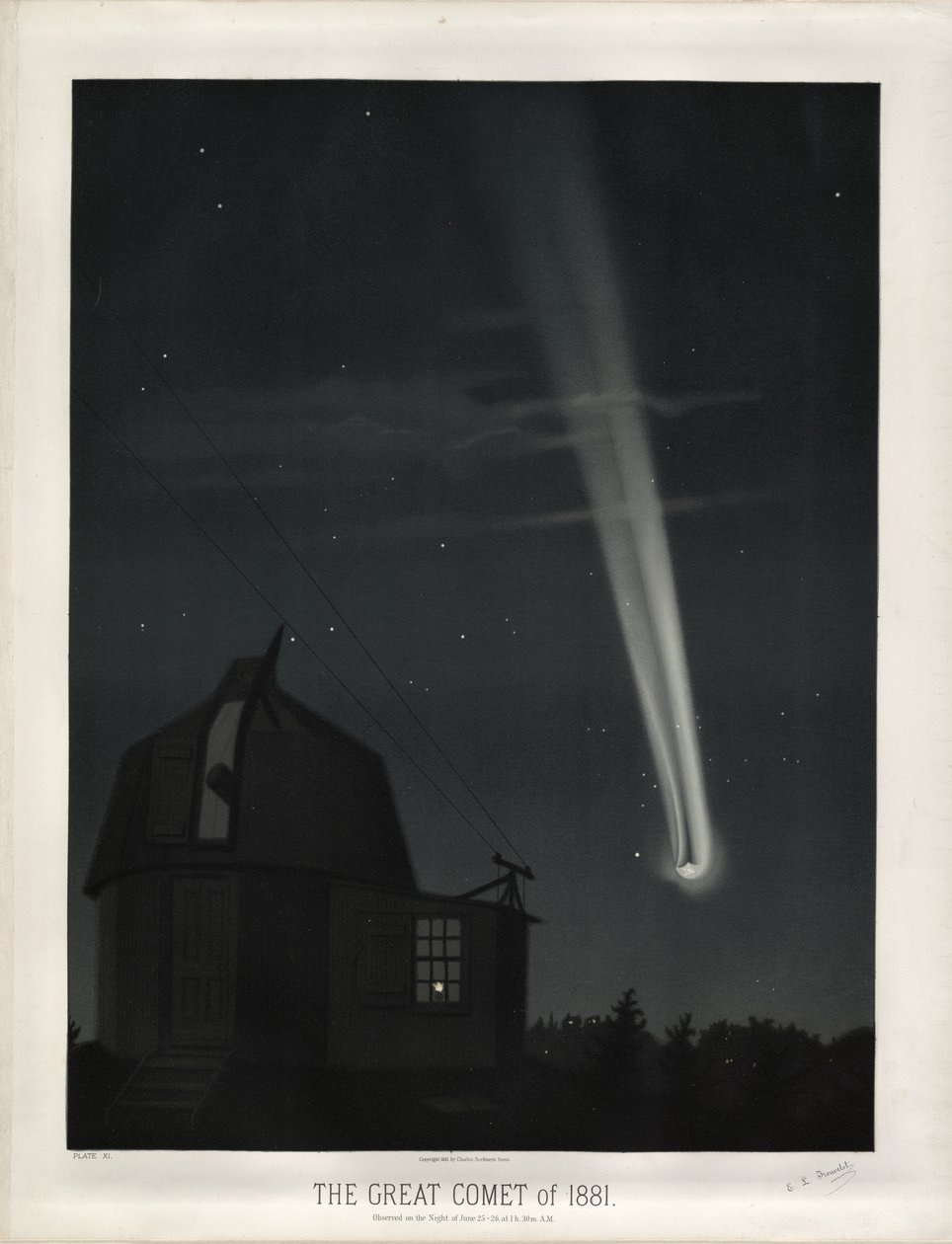 De grote komeet van 1881 (Komeet C/1881 K1). Geobserveerd in de nacht van 25-26 juni om 1u. 30m. A.M. (Plaat XI van The Trouvelot Astronomical Drawings 1881) door Étienne Léopold Trouvelot