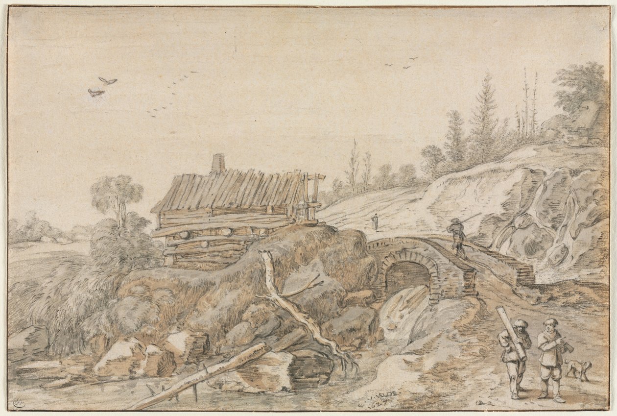Heuvelachtig Landschap met Hut Naast een Stroom, 1627 door van de Velde Esaias
