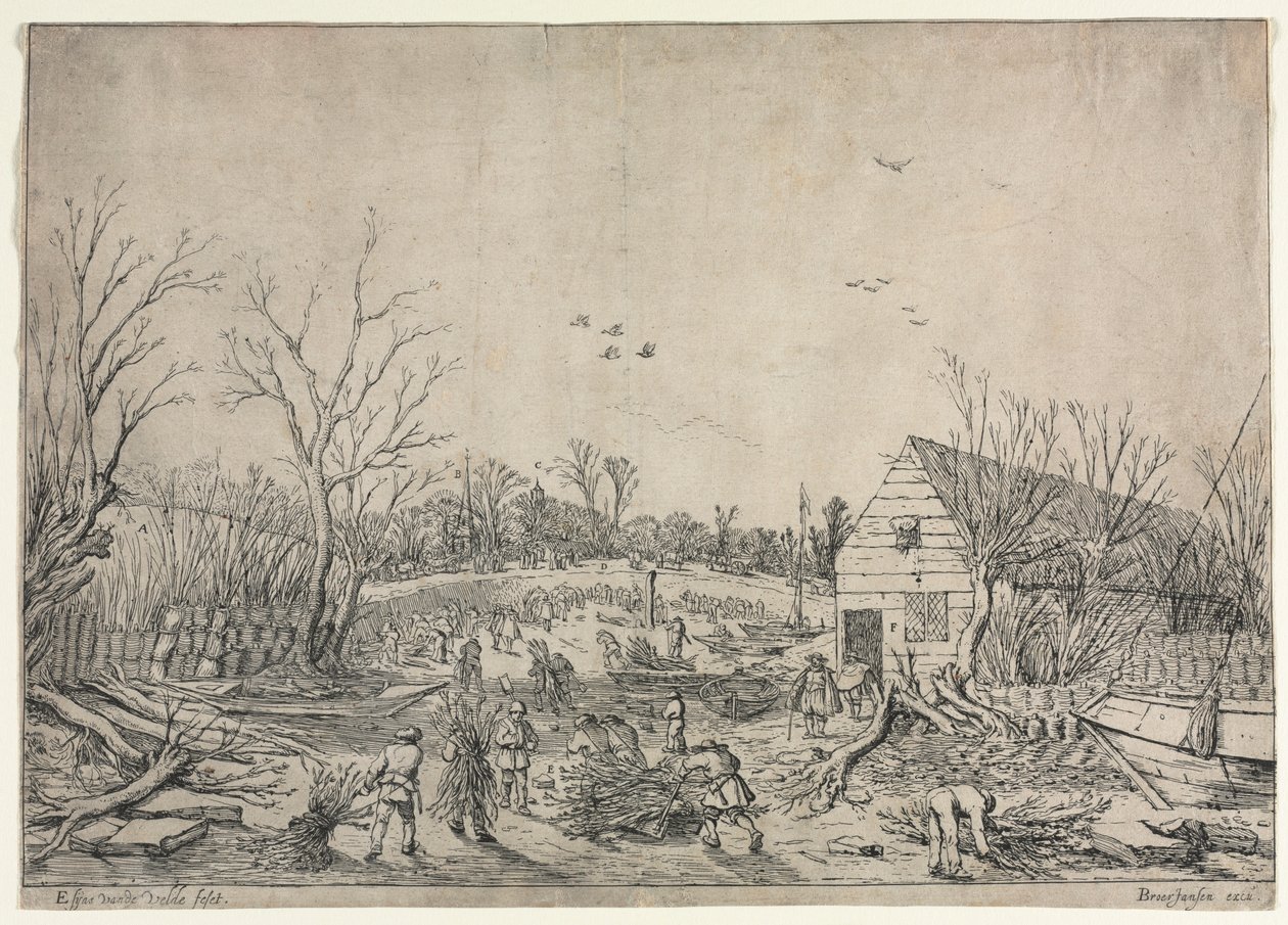 De Grote Overstroming van 10 januari 1624 of Reparatie van de Gebroken Dijk aan de Rivier Lek bij Vianen, 1624 door van de Velde Esaias