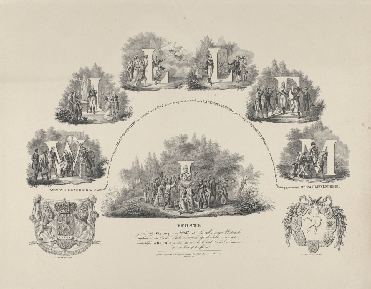 Allegorie op de deugden van koning Willem I, 1831 door van der Meulen