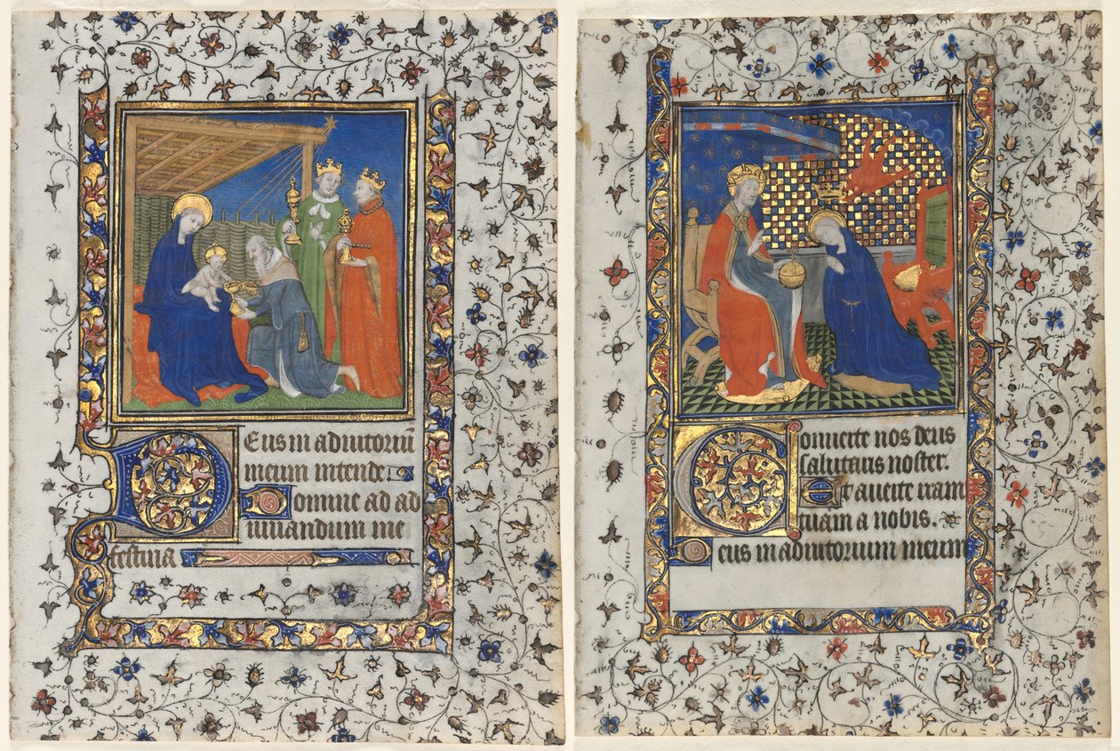 Bifolio uit een getijdenboek: Aanbidding der wijzen en kroning van de Maagd door workshop of Boucicaut Master