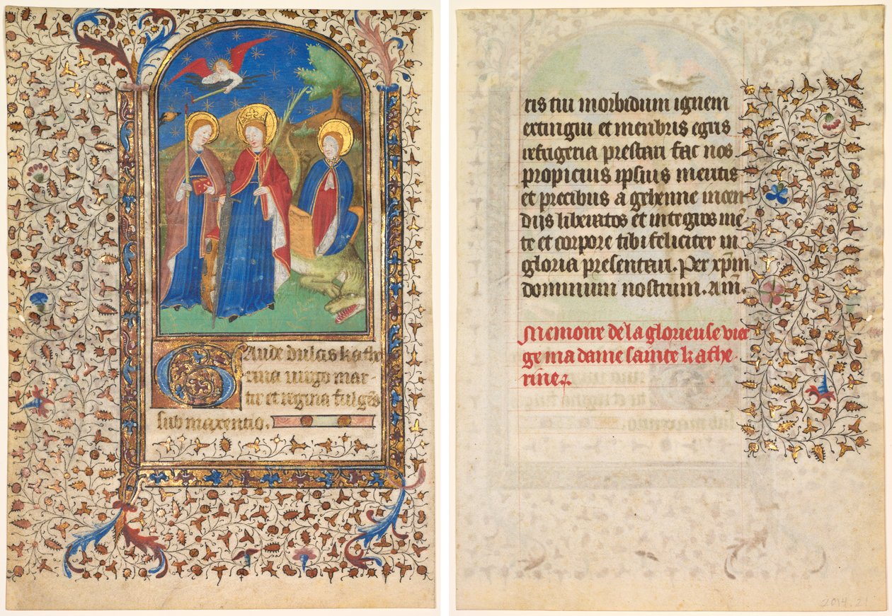 Blad uit een Getijdenboek: St. Geneviève, Catharina van Alexandrië en Margaretha (recto) en Tekst (verso) door workshop of Boucicaut Master