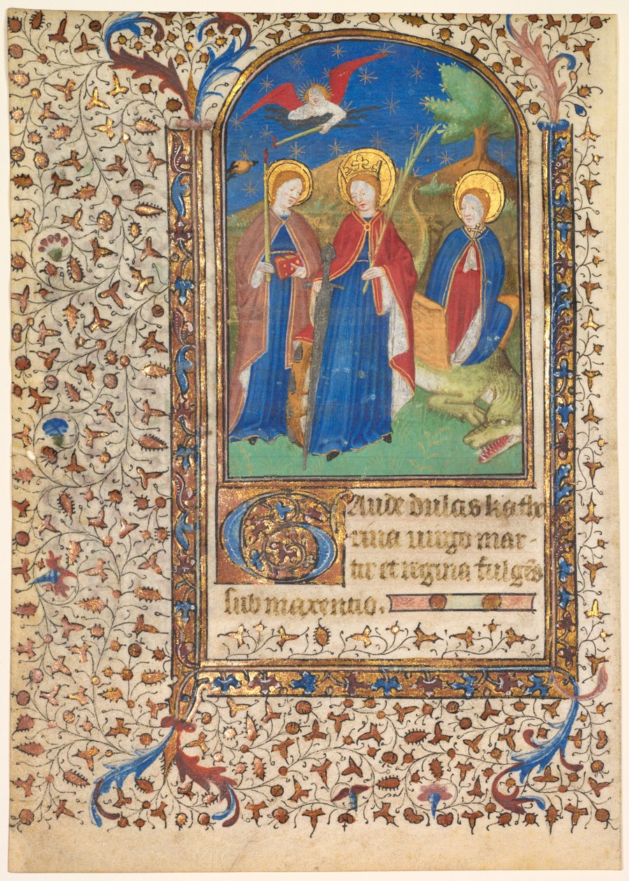 Blad uit een Getijdenboek: St. Geneviève, Catharina van Alexandrië en Margaretha (recto) door workshop of Boucicaut Master
