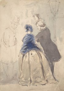 Straatscène uit Vanity Fair, met Amelia, George Osborne en Dobbin, 1800-1819