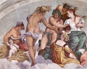 Allegorieën van Zomer en Herfst (Bacchus en Ceres), Noordelijke Muur, lunet boven de Deur naar de Tuin, Hal van Olympus