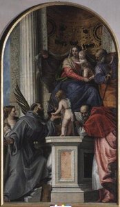 Madonna en Kind op de troon, St. Johannes de Doper als jongen, St. Jozef, St. Hiëronymus, St. Justinia en St. Franciscus