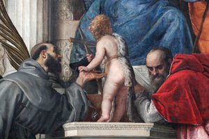 Madonna en Kind met heiligen Jozef, Justina, Franciscus, de jonge Johannes de Doper en Hiëronymus