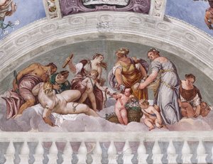 Allegorieën van Winter en Lente (Vulcanus en Venus), Zuidelijke Muur, lunet boven de Deur naar de Crociera Kamer, Hal van Olympus