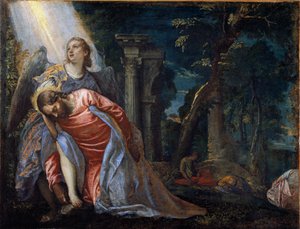 Christus in de tuin ondersteund door een engel door Veronese