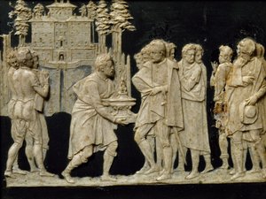 Presentatie aan Francesco I van model fontein in Pratolino, door Jean de Boulogne alias Giambologna (1529-1608), wasplaat door Giambologna