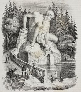 Kolossus van de Apennijnen (door Giambologna) in het park van Villa Demidoff (Villa Medicea van Pratolino), Vaglia, Toscane, Italië, lithografie door Giovanni Mariani uit Poliorama Pittoresco, nr. 10, 15 oktober door Giambologna