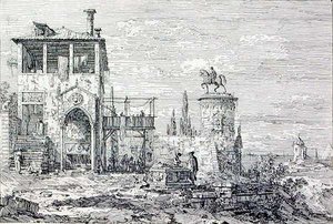 Landschap met een ruitermonument (gravure) door Canaletto