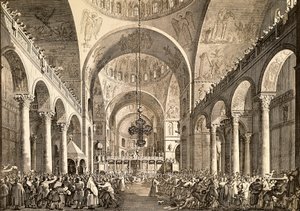 Venetiaans festival, de nieuw gekozen Doge van Venetië wordt aan het volk gepresenteerd in de San Marco Basiliek, door Giovanni Antonio Canal, bekend als Canaletto en Giovanni Battista Brustolon, gravure door (1697 1768) Canaletto