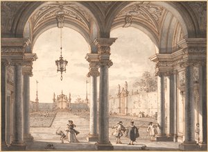 Uitzicht door een barokke colonnade naar een tuin door Canaletto