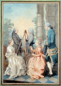 Mevrouw en juffrouw Chatelain, meneer Brot en meneer de la Myre. Aquarel door Louis Carrogis Carmontelle (1717-1806) door Carmontelle