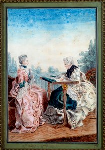 Mademoiselle Melin en Mademoiselle de Laleu maken aquareltapijten door Carmontelle