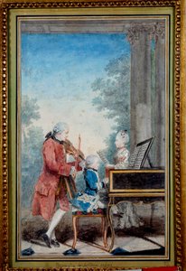 Wolfgang Amadeus Mozart (1756-1791) als kind piano spelend met zijn vader en zus