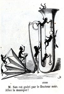 De heer Sax wordt gewond door de zwarte dokter. (Adolphe (Adolph) Sax, uitvinder van de saxofoon (1814-1894)