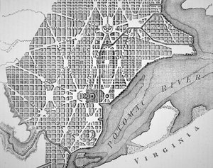 Plan van de stad Washington zoals oorspronkelijk uitgelegd in 1793 door (after) American School