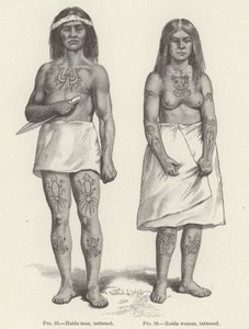Getatoeëerde Haida vrouw en man (gravure) door (after) American School