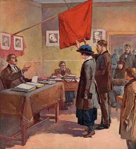 Burgerlijk huwelijk uitgevoerd door een provinciale commissaris in Sovjet-Rusland onder de vlag van de Rode Vlag (kleur litho) door (after) Carrey