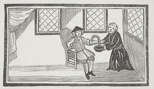Een voorstelling van de verraderlijke monnik die hem dood laat bloeden, illustratie uit 
