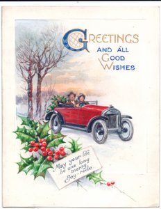 Origineel kunstwerk voor een kerstkaart van een rode auto en hulst, circa 1951