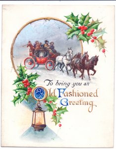Origineel kunstwerk voor een kerstkaart van een postkoets, lantaarn en hulst, circa 1952