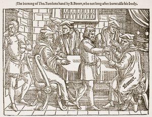 Het verbranden van de hand van Tho. Tomkins door B. Boner, die niet lang daarna ook zijn lichaam verbrandde, illustratie uit 