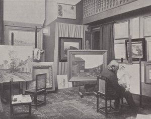 Franse schilder Jean Charles Cazin in zijn atelier (zwart-wit foto) door (after) French Photographer