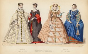 Mode in Frankrijk: Karel IX 1560 tot 1574; Hendrik III 1574 tot 1589 (gekleurde gravure)