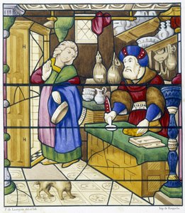 Geschiedenis van de Jood in de Rue des Billettes - facsimile van een glas-in-lood, St Alpin Kerk in Chalon door (after) French School