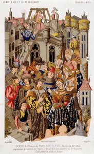Scène uit de geschiedenis van Fort Roy de Clovis. Mysterie van de 15e eeuw die de stichting van de Kerk van St. Peter en St. Paul, tegenwoordig Saint Genevieve, voorstelt. (van het) Geschilderde doek van de stad Reims. door (after) French School