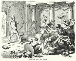 Odysseus doodt de vrijers van Penelope door (after) German School