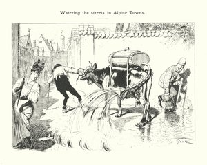 Straatbesproeiing in Alpensteden (gravure)