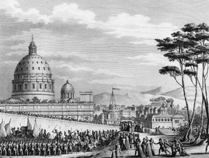 Franse Revolutie: Triomfantelijke intocht van de Fransen in Rome in Italië in februari 1798 onder leiding van generaal Louis Alexandre Berthier die de pauselijke staten binnenviel en de stad Rome op 11 februari veroverde door (after) Girardet