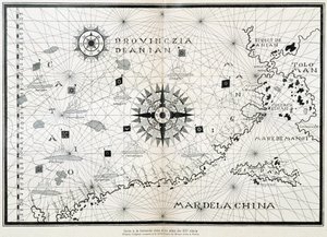 Kaart van het kompas uit een 16e-eeuws atlas, gebaseerd op het origineel bewaard in de bibliotheek van het Museo Civico in Venetië