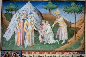 Broers Nicolo en Matteo Polo, vader en oom van de jonge Marco Polo (1254-1324) werden ontvangen aan het hof van de Grote Qubilai (Kubilai Khan, eerste keizer van de Mongoolse Yuan-dynastie (1215-1294), Mongoolse keizer in 1271). Miniatuur uit 
