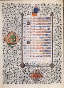 Pagina uit het manuscript Les Tres Riches Hours du Duke Francois de Guise: voorstelling van sterrenbeelden en scènes uit het dagelijks leven: kanker en een man met een sikkel door (and workshop) Boucicaut Master