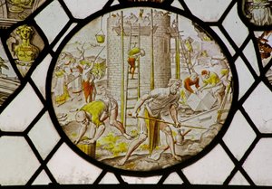 Rondel met de bouw van de Toren van Babel (glas-in-lood)