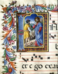 Gedecoreerde initiaal die de verleiding van Christus afbeeldt Miniatuur door Liberale da Verona (1445-1529) uit een koorboek (Cod. 20/5. c.45v) uit de kathedraal van Siena door (c.1445 1527) Liberale da Verona