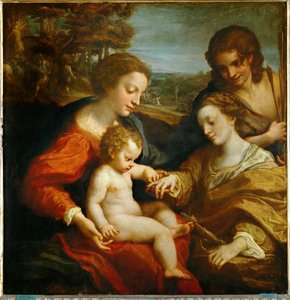 Het mystieke huwelijk van de heilige Catharina van Alexandrië met het kind Jezus, en de heilige Sebastiaan ...