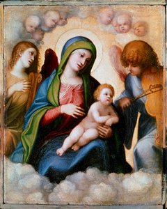 Maagd en Kind omringd door twee engelen en cherubijnen. Schilderij door Allegri Antonio, bekend als Il Correggio