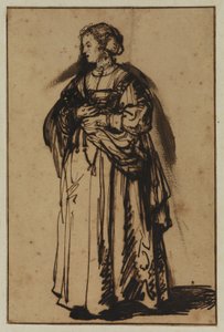 De vrouw van de kunstenaar, Saskia, staand en bloemen in haar handen houdend door (workshop of) Rembrandt Harmensz. van Rijn