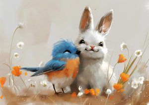 Schattige vogel en konijn manga tekening, aangepaste print op aanvraag, muur slaapkamer decor door F. Abderrahim