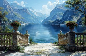 Muurkunstprints: Uitzicht op een meer en natuurlijk landschap vanaf een balkon
