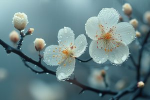 Witte bloemen onder de ochtenddauw voor zen muurdecoratie