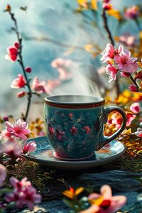 Een surrealistisch kopje koffie omringd door bloemen voor moderne wanddecoratie
